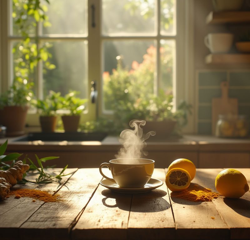 A rustic kitchen table adorned with ginger, turmeric, and lemon, with a steaming cup of healing tea, representing natural remedies for organ health.