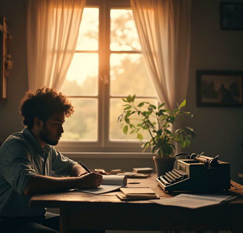 A solitary figure writing in a journal at a rustic wooden desk, surrounded by vintage books, reflecting on their journey of healing through memoir writing.