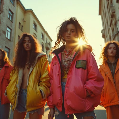 Fashion in 80: Young Soviet fashion enthusiasts showcasing bold styles against a vintage urban backdrop.