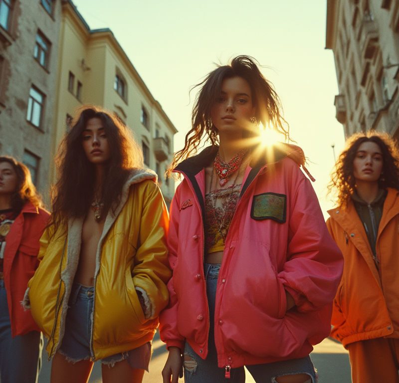 Fashion in 80: Young Soviet fashion enthusiasts showcasing bold styles against a vintage urban backdrop.