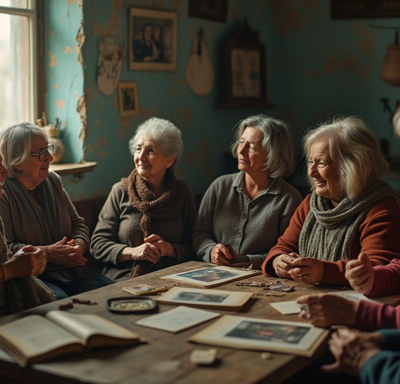 Cinematic image depicting resilient Ukrainian women sharing survival stories in a warm community center, symbolizing strength and hope amidst adversity.