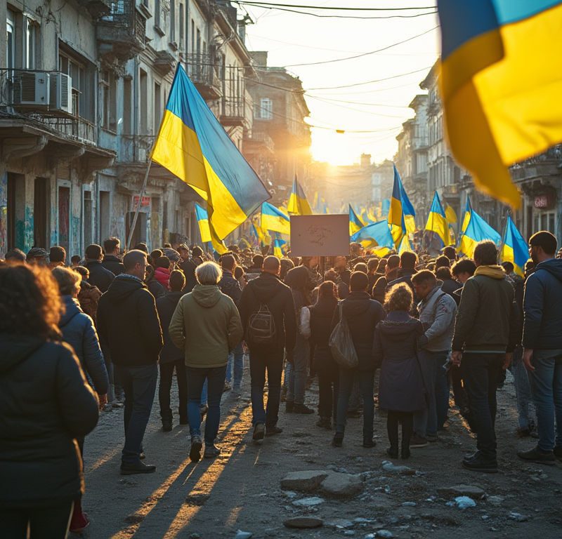 A group of Ukrainian people holding flags, gathered in a damaged urban street, showcasing unity amidst destruction, symbolizing hope and resilience.