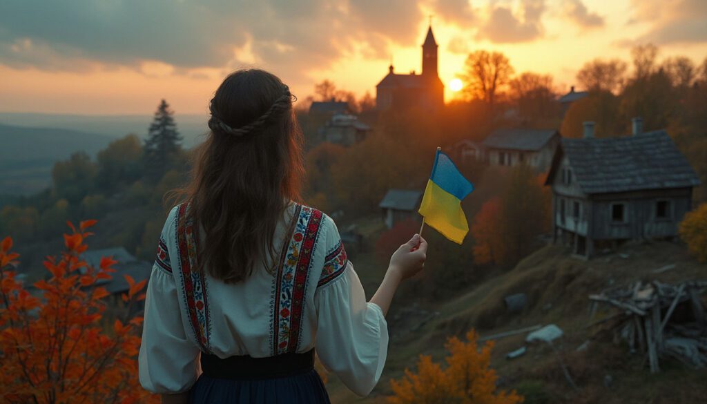 A young Ukrainian woman holding a small flag, standing on a hill overlooking a war-torn village at twilight, symbolizing resilience and cultural identity.