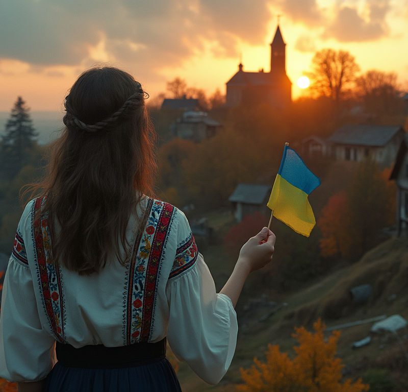 A young Ukrainian woman holding a small flag, standing on a hill overlooking a war-torn village at twilight, symbolizing resilience and cultural identity.