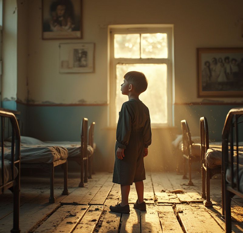 A young boy around 10 years old stands in a Ukrainian orphanage, bathed in golden hour light, gazing at an old family photo, evoking nostalgia and resilience amidst worn memorabilia.