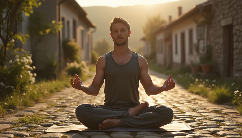 A young man practicing yoga on the cobblestone streets of a Ukrainian village at dawn, embodying tranquility and resilience in a serene setting.