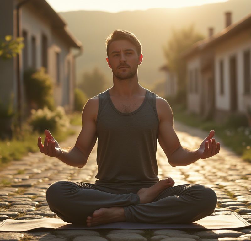 A young man practicing yoga on the cobblestone streets of a Ukrainian village at dawn, embodying tranquility and resilience in a serene setting.