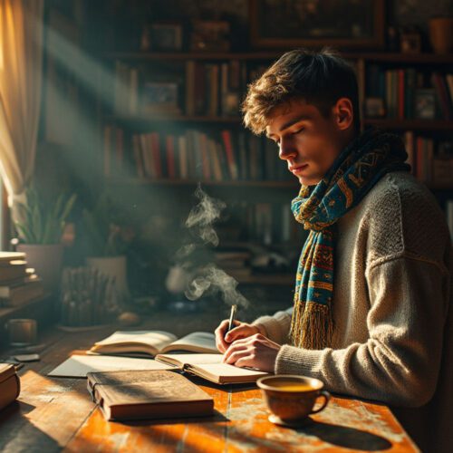 A young Ukrainian gay author immersed in writing at an antique desk, surrounded by cultural artifacts and books, conveying themes of resilience and belonging.