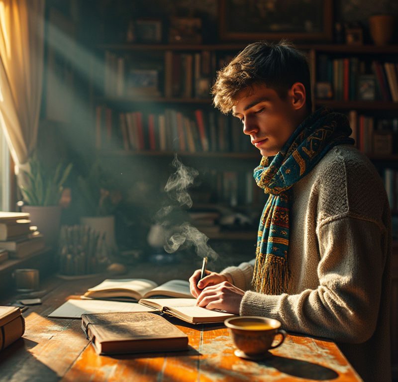 A young Ukrainian gay author immersed in writing at an antique desk, surrounded by cultural artifacts and books, conveying themes of resilience and belonging.